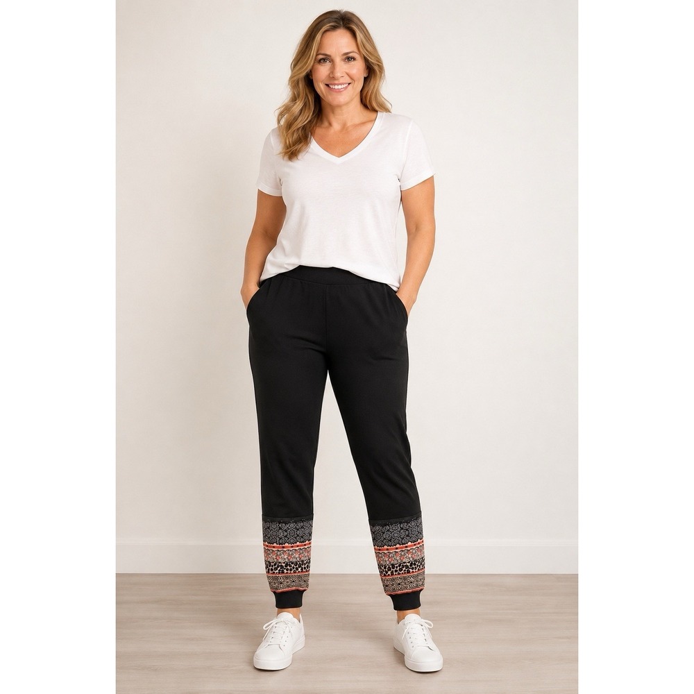 LOGO Lori Goldstein Women's M Black Pull On Jogger Pants Animal Print Cuff